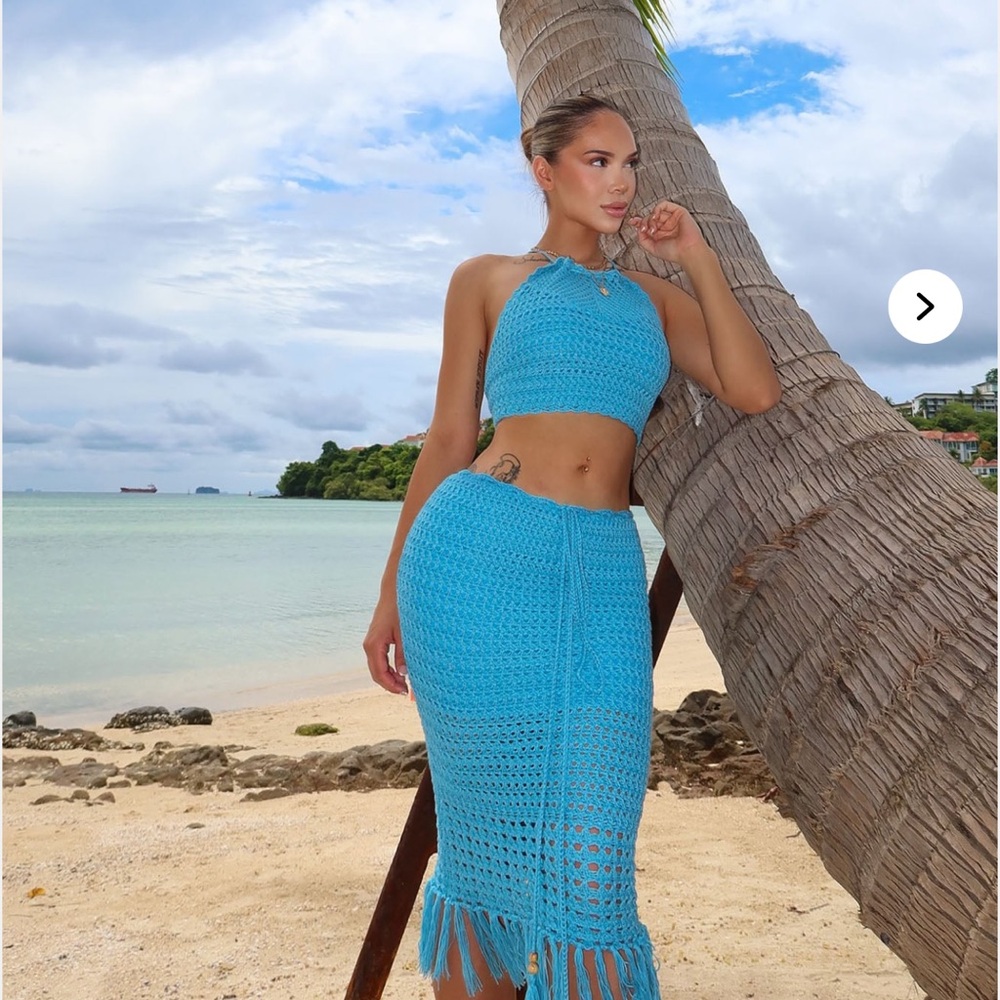 Fashion Nova Blue Aqua Crochet Skirt Set- Large